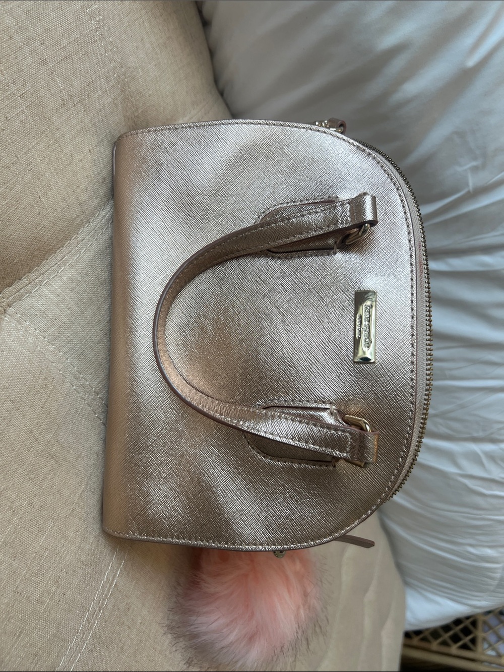 kate spade metallic rose gold dome satchel with pink pom pom